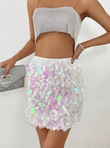 Allurite Women's High Waisted Sparkly Skirt - White - View 3