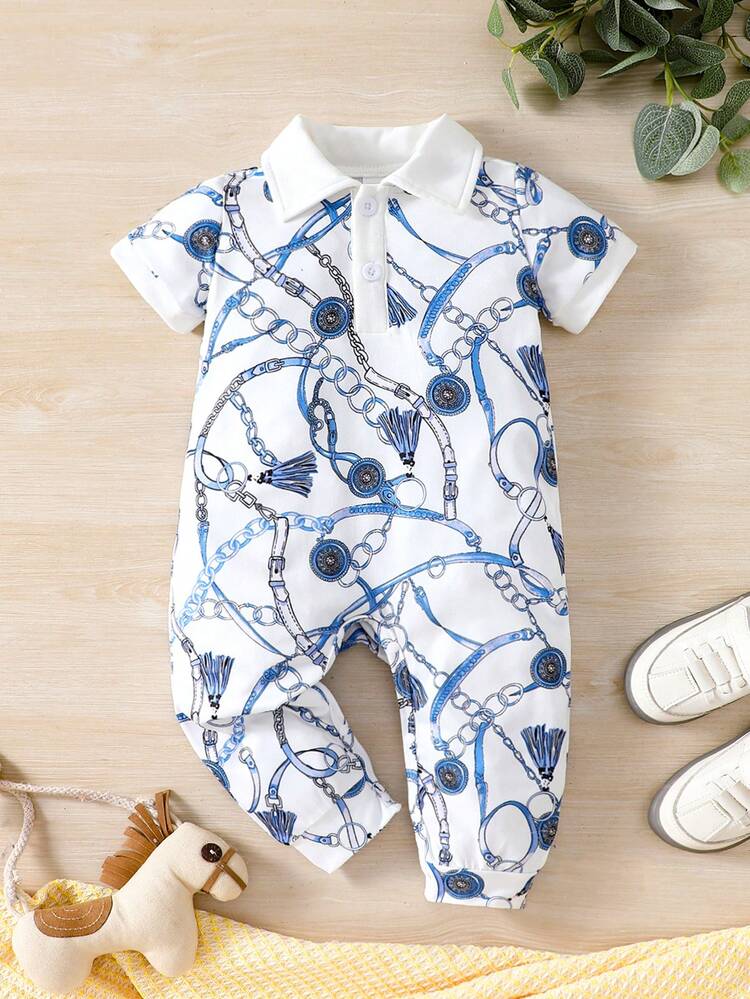 Baby Boy'S Spring Summer Chain Link Pattern Polo Collar Short Sleeve Jumpsuit, Blue