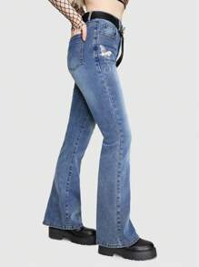 ROMWE Fairycore Floral Embroidery Flare Leg Jeans