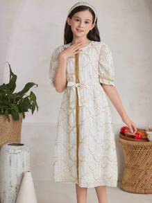 SHEIN 女孩刺繡泡泡袖連身裙 - 米色 - 查看 3