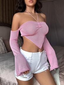 SHEIN Unity 女士长袖露脐吊带针织套头衫秋冬毛衣 - 粉色 - 查看 3