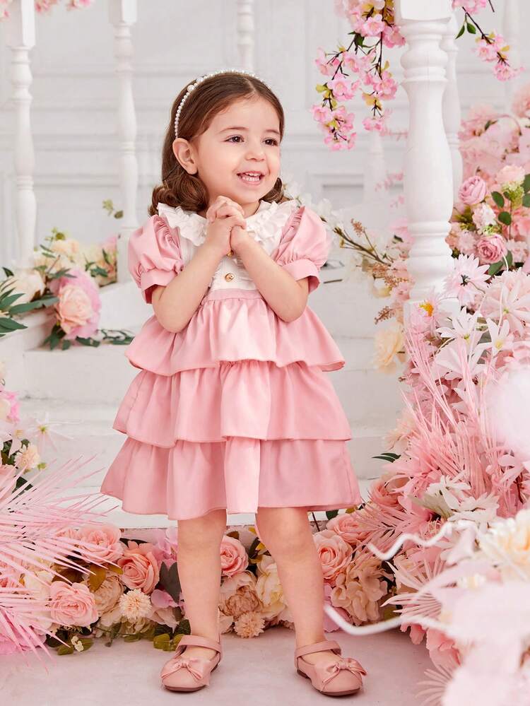 Baby Girls' Princess Style Layered Cake Dress With Ruffle Hem