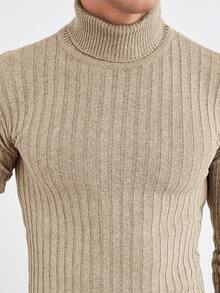 SHEIN Cottnline Men Turtleneck Ribbed Knit Sweater - Apricot - View 2