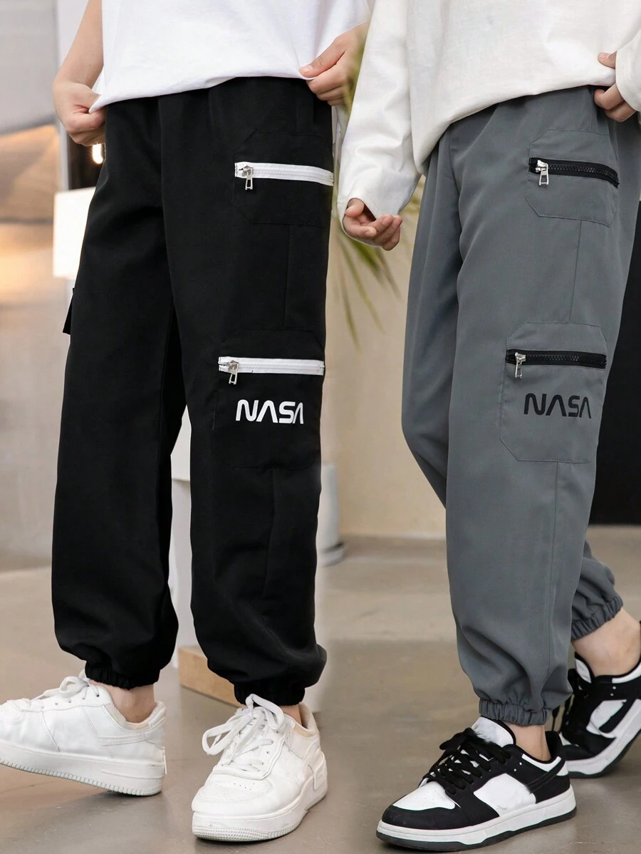 SHEIN Tween Boy Black & Grey Letter Print Zipper Closure Jogger Pants - Multicolor - View 1