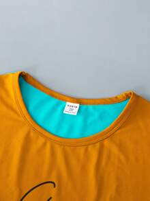 SHEIN 青少年男孩字母印花彩色拼接短袖t恤和短褲套裝 - 黑色 - 查看 5