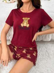 Women's Bear Print Short Sleeve And Shorts Pajama Set