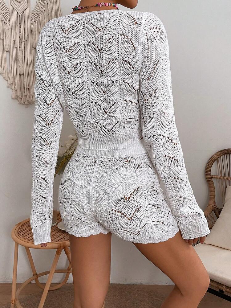 Women's Hollow Out Lace Up Cardigan And Knitted Shorts Set