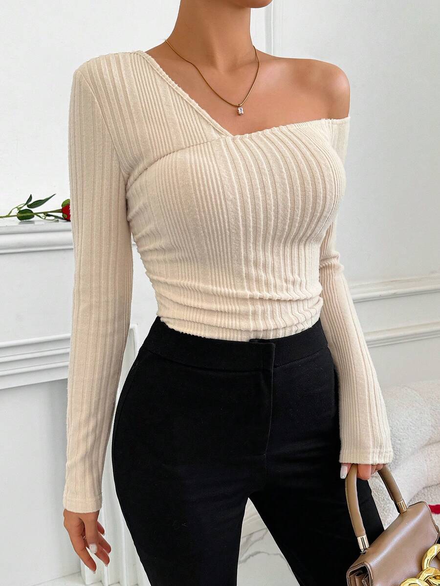 SHEIN Privé Ladies' Asymmetric Neckline Ribbed T-Shirt For Valentine's Day - Apricot - View 1