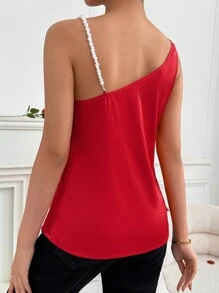 SHEIN Privé 红色女士情人节不对称垂坠领珍珠吊带上衣 - 紅色 - 查看 5