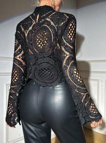 SHEIN Allurite Burgundy Sexy Cut Out Lace See-Through Flare Sleeve Four Seasons Knit Women's Blouse, Haute Women Tops,Fitted Elegant Crew Neck Tops Fall Cloth For Women - Black - View 2