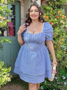 Dreamara Retro Kẻ sọc Hình vuông Đường viền cổ áo Kích thước lớn Của phụ nữ Đầm - Nhiều màu - Xem 4