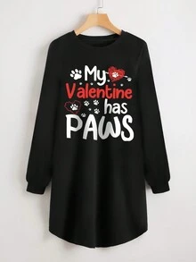 SHEIN LUNE Plus Size Women Long Sleeve Love & Graffiti Graphic Round Neck Casual Dress, Suitable For Valentine's Day - Black - View 3