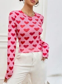 SHEIN Unity 女款心形圖案印花修身 T 卹 - 黑色 - 查看 4