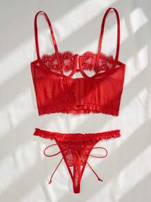 SHEIN Ladies' Sexy Lace Lingerie Set With Front Knot