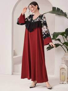 Al Najma Women's Floral Print V-Neck Long Sleeve Color Block Dress