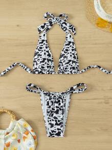 Swim SXY 女士牛印花領口分割泳裝套裝,音樂節必備 - 黑與白 - 查看 6