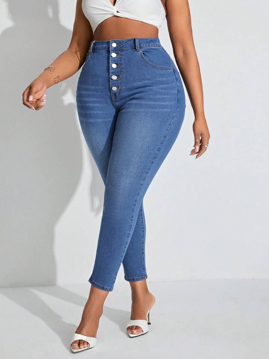 SHEIN SXY 大尺碼女性高彈性性感全配合身打底牛仔褲 - 藍色 - 查看 1