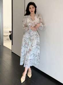 DAZY Đầm dài tay cổ chữ V in họa tiết cây cỏ dành cho nữ, thích hợp mặc đi nghỉ mát. - trắng - Xem 3