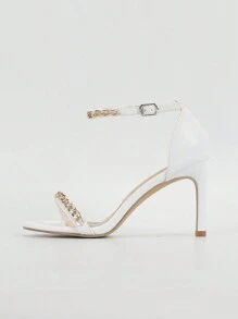 女款白色圓頭涼鞋金屬鏈條細節時尚百搭細跟露趾簡約優雅高跟鞋拉長雙腿 - 白色 - 查看 3