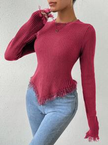 SHEIN LUNE Women's Plain Asymmetrical Hem Fringed Sweater