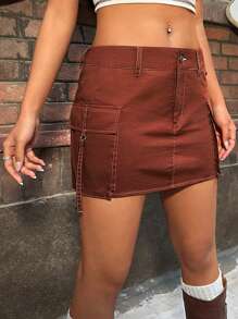 SHEIN EZwear Red Color Jacquard Women's Skirt - Redwood - View 4