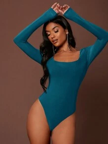 SHEIN BAE Body De Manga Larga De Color Sólido Para Mujer - Agua verde azul - Ver 3