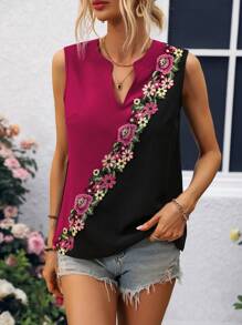 SHEIN VCAY Thêu Hoa Đính đá Cổ áo có khía Áo không tay - Nhiều màu - Xem 5