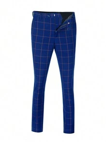 Men Plaid Print Blazer & Waistcoat & Suit Pants - Navy Blue - View 5