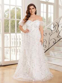 SHEIN Belle Plus Size Women'S Off-Shoulder Three-Dimensional Floral Embroidery Romantic And Sweet Ruffle Sleeve Wedding Dress - White - View 1