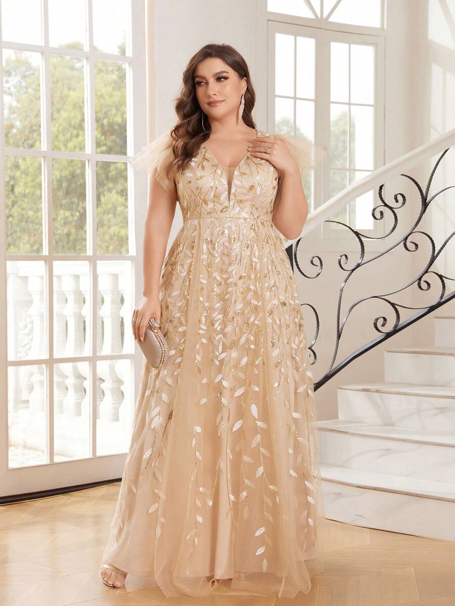 SHEIN Belle Plus Size Gold Prom Dress Quiet Luxury Floral Sequin Gradient Embroidered Mesh Sundress Elegant Evening Dress Formal Wedding Guest Gown, For Graduation, Dinner Party Dress - Black and White - View 1