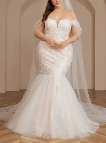SHEIN Belle Vestido De Noiva Estilo Sereia Com Lantejoulas Barrocas Plus Size - Branco - Visão 2