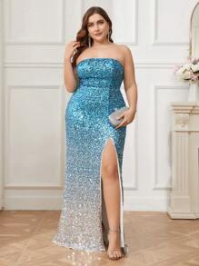 SHEIN Belle Vestido De Fiesta De Noche Con Gradiente Y Brillo, Talla Grande Para Mujeres Con Escote Sin Tirantes Y Abertura Alta - Multicolor - Ver 4