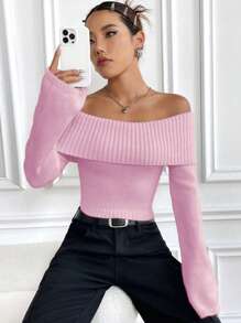 Flirla Women Sweaters Rib-Knit Plain Casual - Berwarna merah muda - View 3