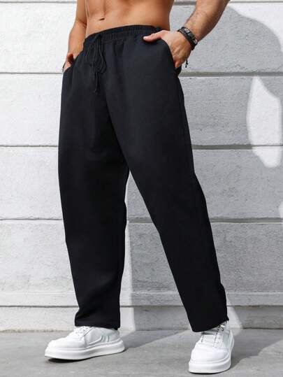 Manfinity Homme Men Plus Size Drawstring Waist Pants Straight Leg Long Slacks Plain Black Going Out, Baggy Black Pants, Fall