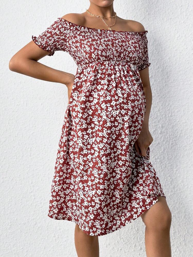 Maternity Young Casual Bodycon Off-Shoulder Floral Print Dress