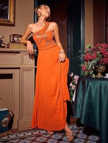 Glamaker Women'S Sequin Patchwork One Shoulder Sleeveless Dress - Orange - View 5