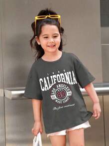 SHEIN Cô Gái Trẻ Slogan In Ngắn tay Áo thun - Màu xám đen - Xem 4