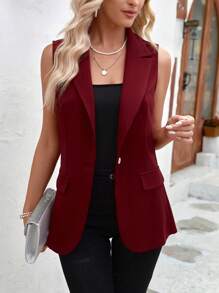 EMERY ROSE Blazer Sin Mangas Rojo Para Mujer Con Solapa De Pico Para La Primavera Y Un Solo Botón - Burdeos - Ver 1