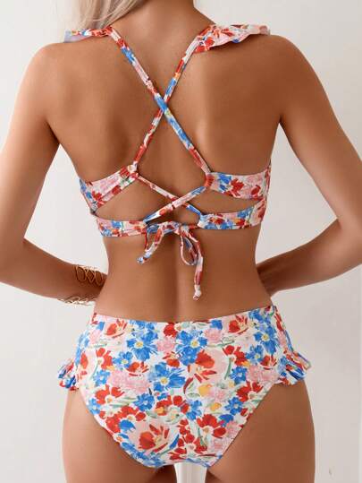 Swim Mod Conjunto de bikini con volantes con estampado floral pequeño para mujer, ideal para el festival de música de verano en la playa