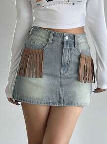 DAZY Women'S Contrast Color Fringed Decor Washed Denim Skirt Jeans Skirt - Blue - View 1