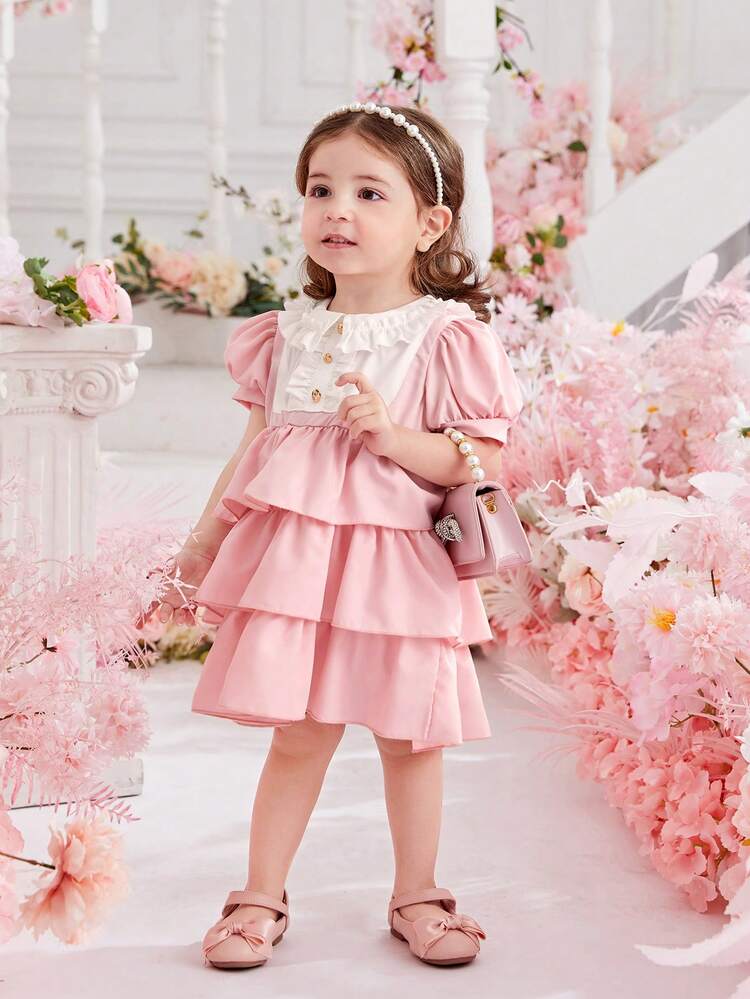 Baby Girls' Princess Style Layered Cake Dress With Ruffle Hem