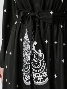 Modelyn Women'S Polka Dot Printed Belted Lantern Sleeve Dress Fall Cloth For Women - Black - View 5