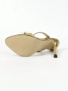 Women's Metal Flower Detail Round Toe Stiletto Heeled Sandals, Sexy & Fashionable For Parties, Shiny Gold Color - Gold - View 5