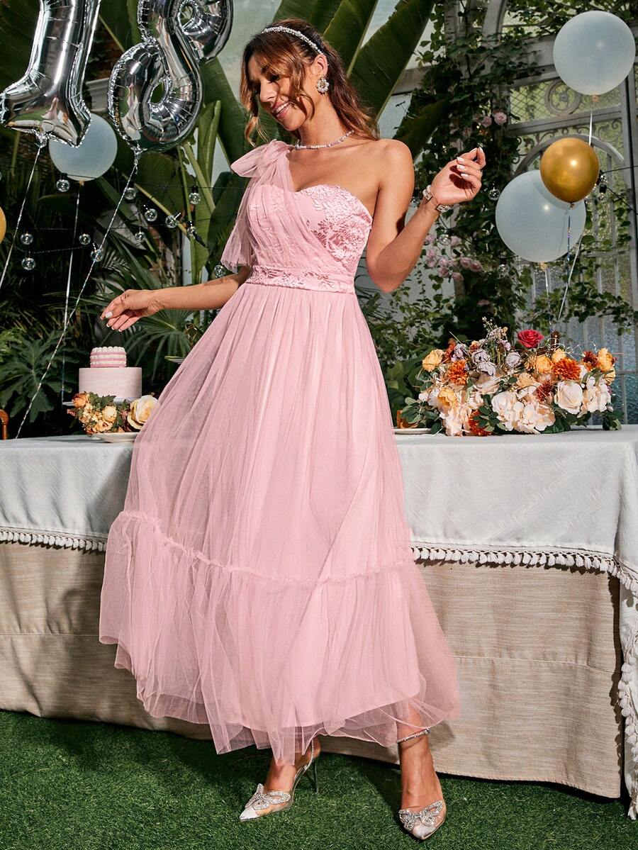 Glamaker Women'S One Shoulder Jacquard Mesh Dress - Pink - View 1