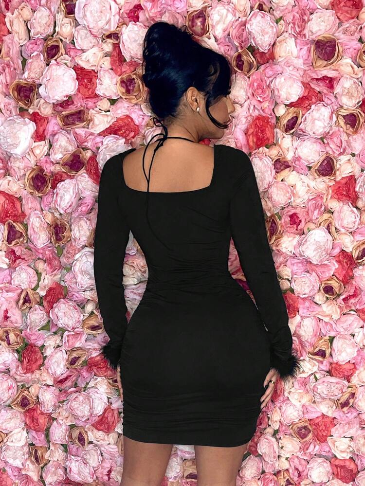 Sexy Feather Patchwork Bodycon Dress For Club New Year's Eve Party