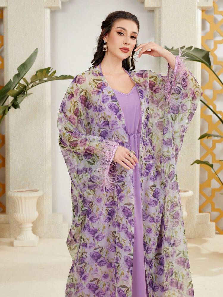 Women's Floral Printed Jacket And Cami Dress Set 2 Piece Set