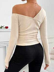 SHEIN Privé Ladies' Asymmetric Neckline Ribbed T-Shirt For Valentine's Day - Apricot - View 2