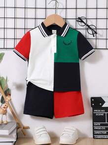 SHEIN Conjunto De Pantalones Cortos Informales Y Jersey Con Cuello Plano Y Bloques De Color Para Bebé Niño - Multicolor - Ver 7