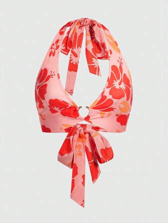 Top sans dos à col ras-du-cou imprimé floral, style vacances