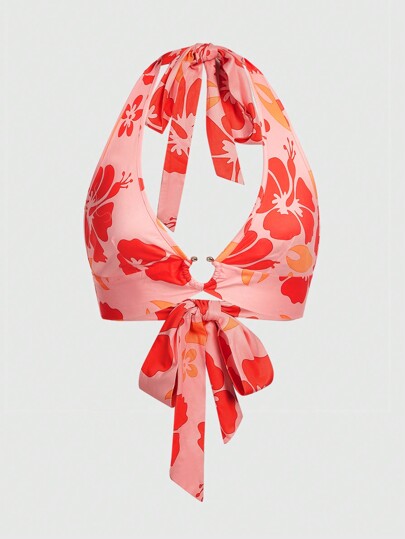 Floral Print Halter Neck Backless Tank Top, Vacation Style